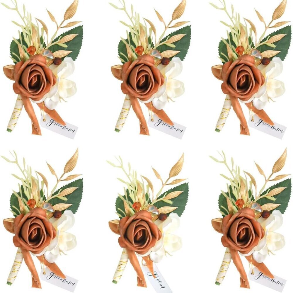 Artificial Boutonniere Set of 6 Terracotta Wedding Flowers